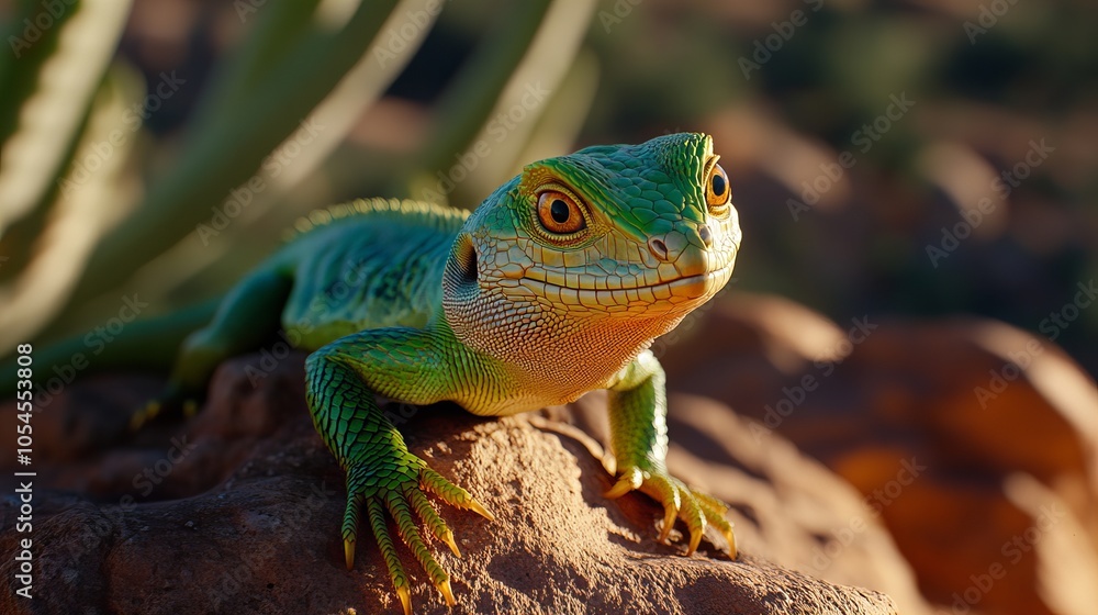 Fototapeta premium A green lizard with orange eyes perched on a rock, looking directly at the camera.