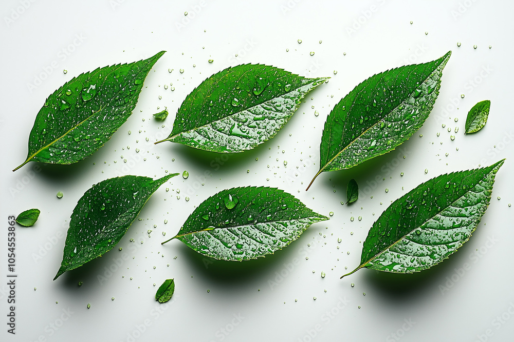 Fresh green leaves with droplets on a white background highlighting natural beauty and freshness Fresh green leaves with droplets on a white background highlighting natural beauty and freshness