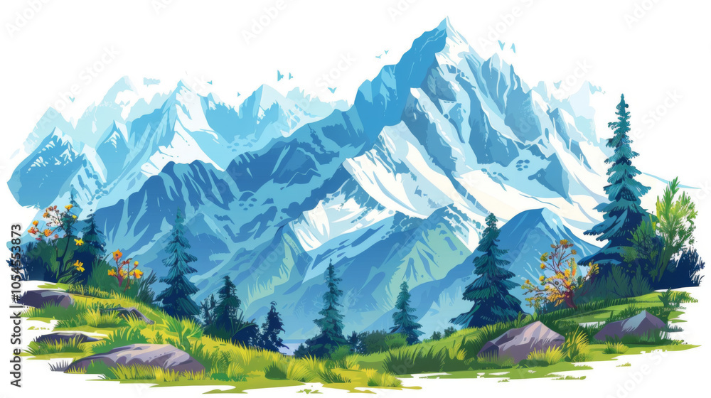 Fototapeta premium Watercolor Mountain Landscape with Lush Greenery and Snowy Peaks,beautiful mountains vector illustration with picturesque mountain views , 