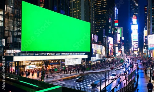 Nighttime view of Times Square with a prominent green billboard.