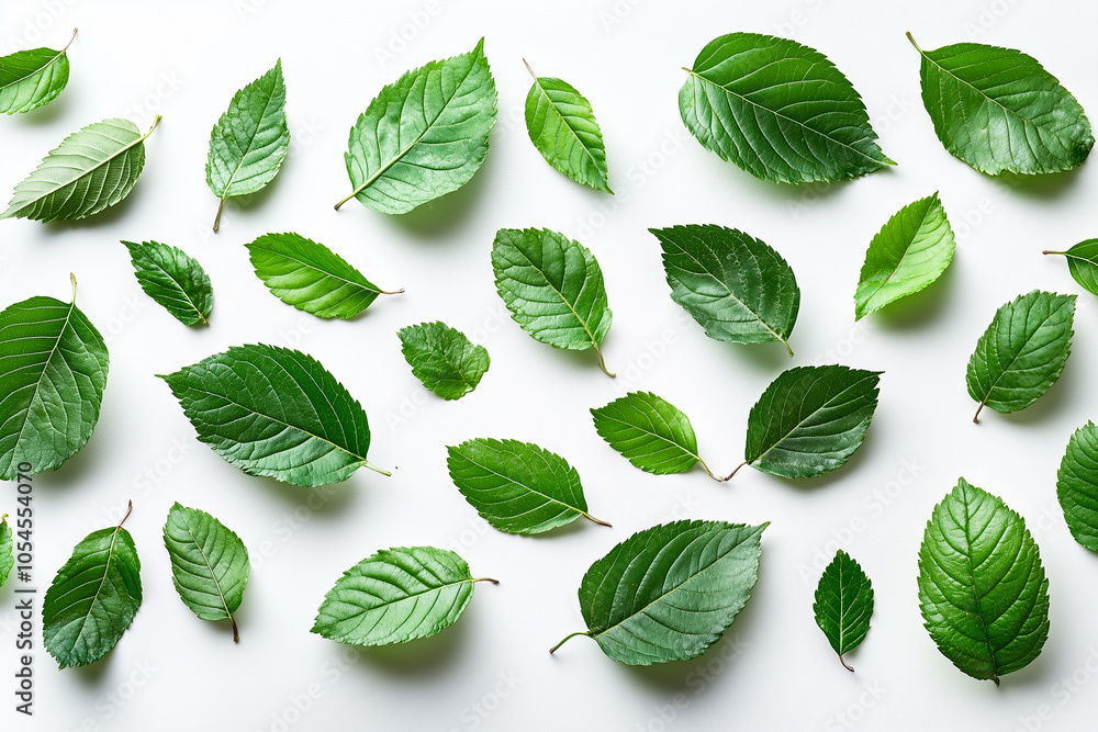 Fresh green leaves arranged on a white background, showcasing various shapes and textures in natural light Fresh green leaves arranged on a white background, showcasing various shapes and textures in natural light