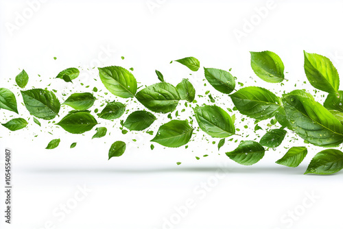 Fresh green leaves scattered dynamically against a clean white background capturing the essence of nature