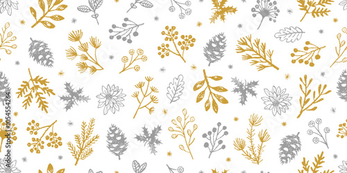Christmas pattern. Seamless floral vector. Crayon pastel plant. Winter and Christmas flower background. Golden silver holiday design. Mistletoe, branch, berry. Crayon childish element. Cute pattern bg