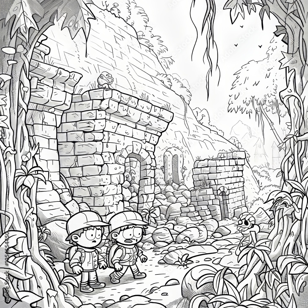 Two young children explore an ancient stone ruin in a jungle setting. They are drawn to the mysteries that await. Two young children explore an ancient stone ruin in a jungle setting. They are drawn to the mysteries that await.
