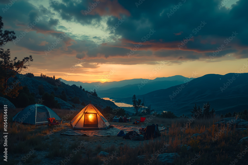 A camping scene at sunset with a tent lit up and a person sitting in a chair, overlooking a mountainous landscape A camping scene at sunset with a tent lit up and a person sitting in a chair, overlooking a mountainous landscape