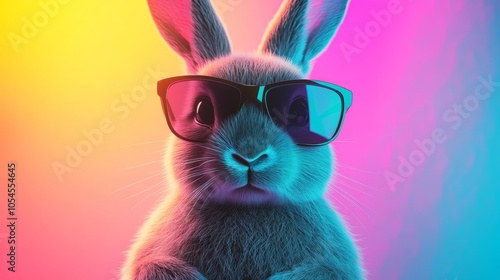 A Fashionable Rabbit with Sunglasses Poses Against a Vibrant Gradient Background in Neon Colors, Exuding Confidence and Charm. photo