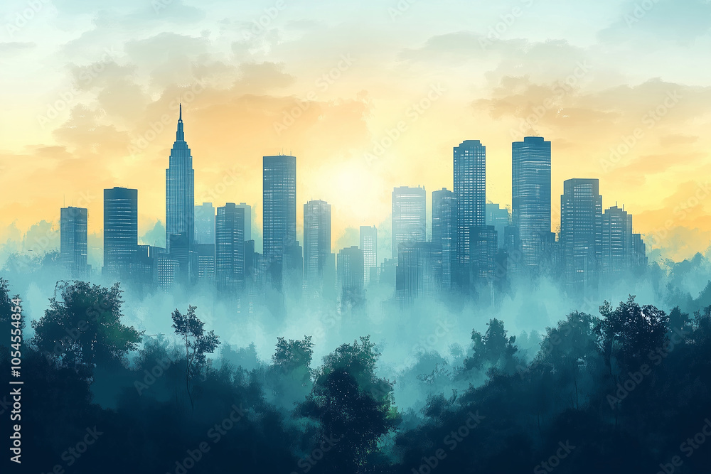 A vibrant city skyline emerges through morning mist, showcasing urban beauty and nature's tranquility at sunrise A vibrant city skyline emerges through morning mist, showcasing urban beauty and nature's tranquility at sunrise