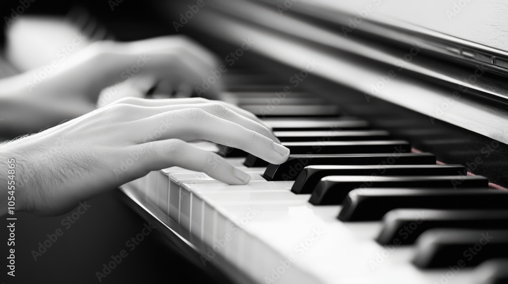 Fototapeta premium Hands playing a piano in a dimly lit room 
