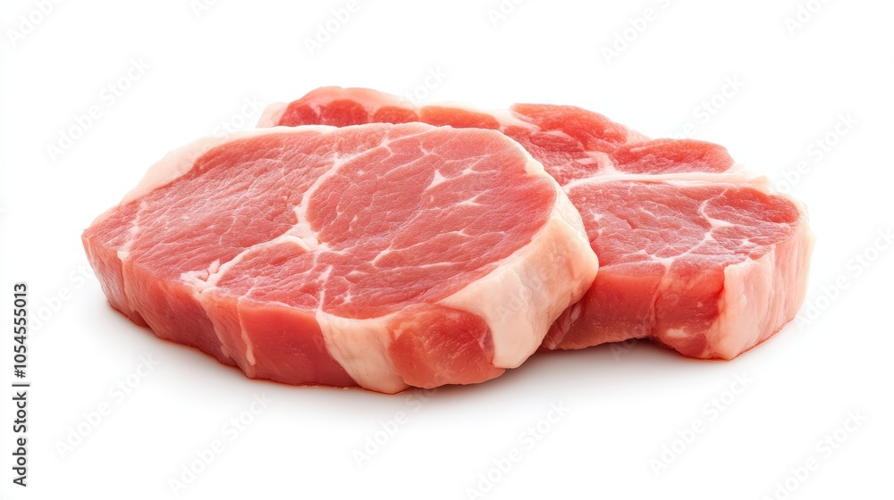 Two raw pork chops displayed highlighting the marbled texture and freshness Two raw pork chops displayed highlighting the marbled texture and freshness