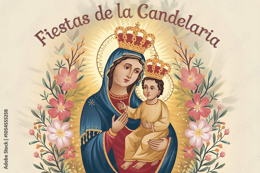 Fototapeta premium Celebrating Fiestas de la Candelaria with Iconic Religious Imagery and Flowers