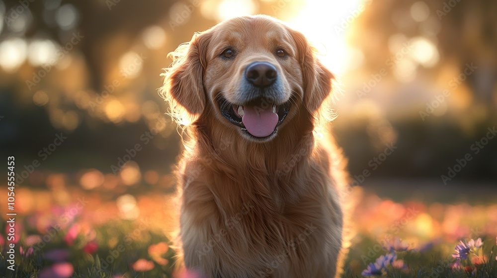 Golden Retriever dog smiling in a field of flowers at sunset. Golden Retriever dog smiling in a field of flowers at sunset.