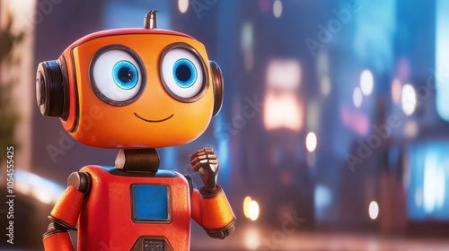 Friendly animated robot character waving in a futuristic cityscape at night