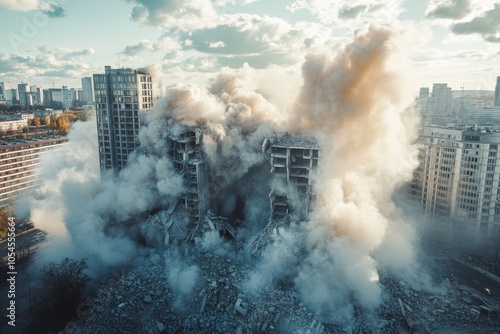 Dramatic demolition  building collapse through explosive implosion in captivating photography shot photo