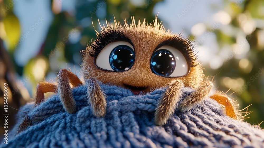 A cute, furry spider with big blue eyes smiles from behind a blue knitted sweater. A cute, furry spider with big blue eyes smiles from behind a blue knitted sweater.