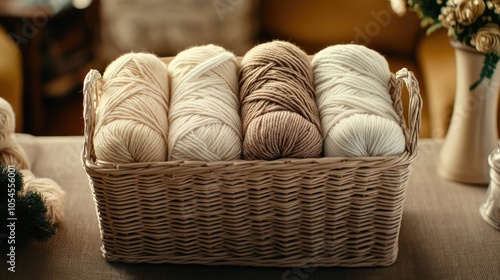 Soft lighting enhances a cozy living room featuring a basket of yarn in yellow and beige, set beside an inviting armchair for knitting