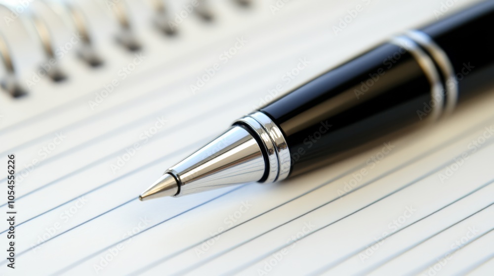 Elegant Pen on Notebook: A close-up shot of a sleek, black pen resting on a lined notebook, capturing the essence of writing, creativity, and productivity. Elegant Pen on Notebook: A close-up shot of a sleek, black pen resting on a lined notebook, capturing the essence of writing, creativity, and productivity.