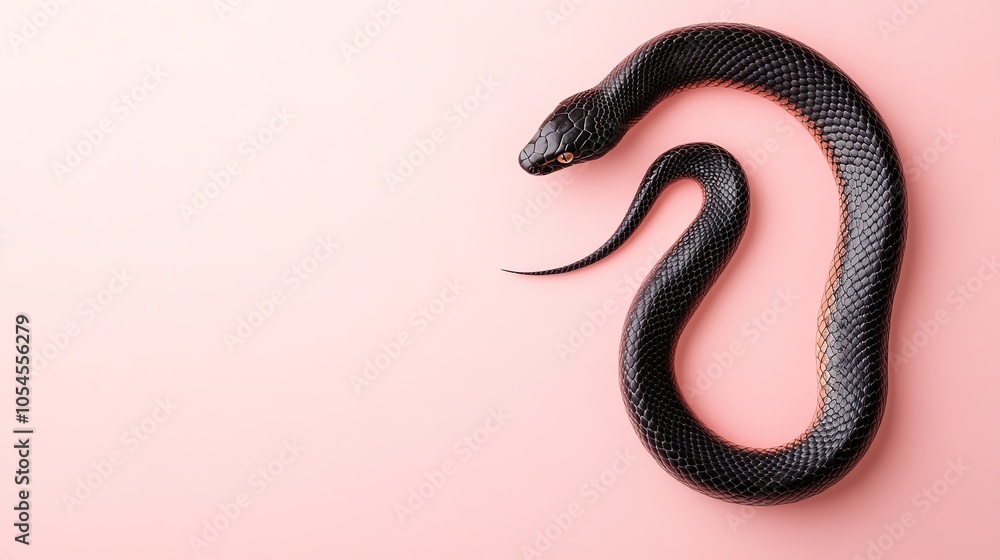 Obraz premium Black snake on pink background, minimalist design