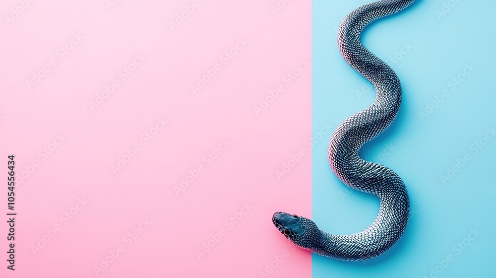 Fototapeta premium Black snake on split pink and blue background