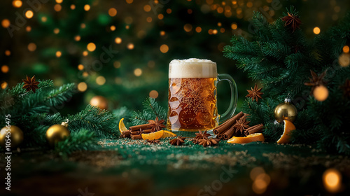 bière de noël avec cannelle,  anis étoilé et écorce d'orange - fond vert avec branches de sapin photo