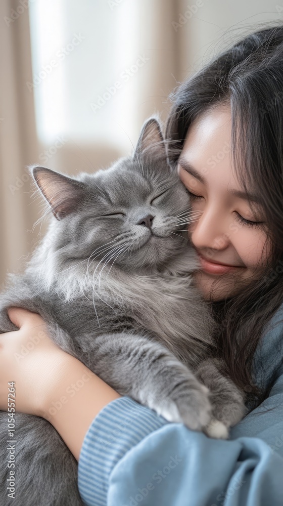 Woman Embracing a Gray Cat with Joyful Affection Woman Embracing a Gray Cat with Joyful Affection