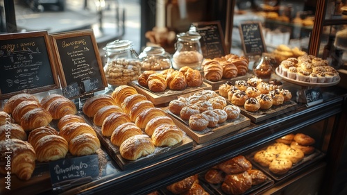 A bakery display case filled with freshly baked goods like croissants, muffins, cookies, and loaves of bread photo