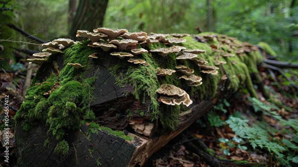 A fallen tree trunk covered in moss and fungi, deep in the forest A fallen tree trunk covered in moss and fungi, deep in the forest
