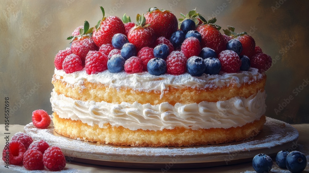 A crinkle cake topped with a handful of fresh berries--strawberries, blueberries, and raspberries--set against a light, neutral background A crinkle cake topped with a handful of fresh berries--strawberries, blueberries, and raspberries--set against a light, neutral background