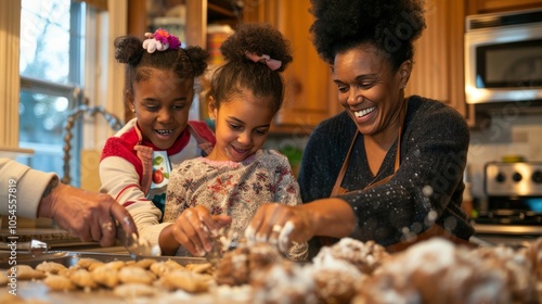 A family baking cookies together, smiles and laughter all around