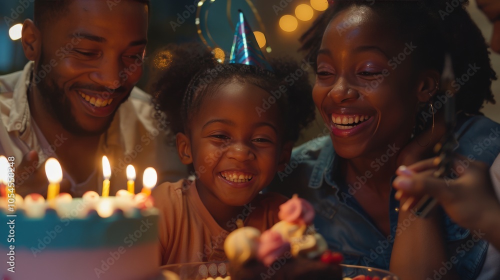 A family celebrating a birthday, with a cake and candles A family celebrating a birthday, with a cake and candles