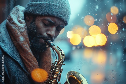 Man that is playing a saxophone in the street photo