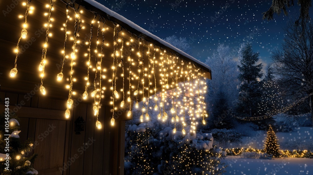 A warm glow emanates from the cabin's windows as snowflakes gently fall, illuminating the enchanting winter scene with festive lights hanging from the roof A warm glow emanates from the cabin's windows as snowflakes gently fall, illuminating the enchanting winter scene with festive lights hanging from the roof