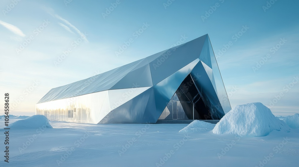 A sleek, modern hangar tent with a reflective silver exterior and angular design A sleek, modern hangar tent with a reflective silver exterior and angular design