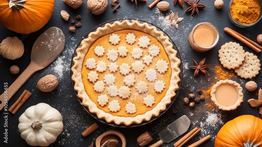 Pumpkin Pie with Decorative Crust Surrounded by Autumn Ingredients Pumpkin Pie with Decorative Crust Surrounded by Autumn Ingredients