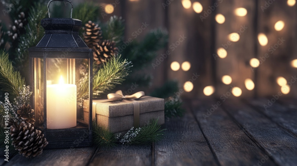 A warm, inviting living room features a glowing lantern and wrapped presents on a coffee table, with a beautifully lit Christmas tree in the background, creating a festive atmosphere A warm, inviting living room features a glowing lantern and wrapped presents on a coffee table, with a beautifully lit Christmas tree in the background, creating a festive atmosphere