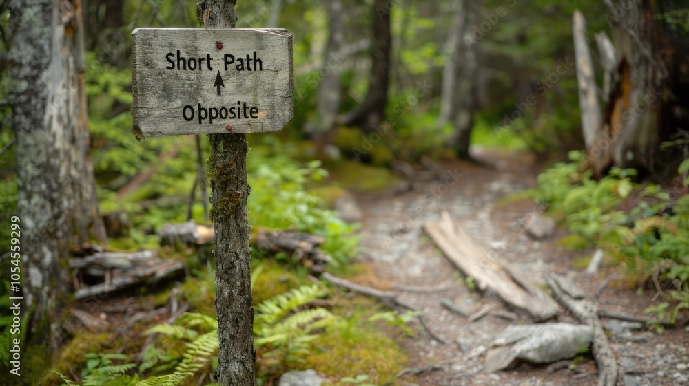 Confusing trail sign on forest path in lush woodland setting,Opposite Day Confusing trail sign on forest path in lush woodland setting,Opposite Day