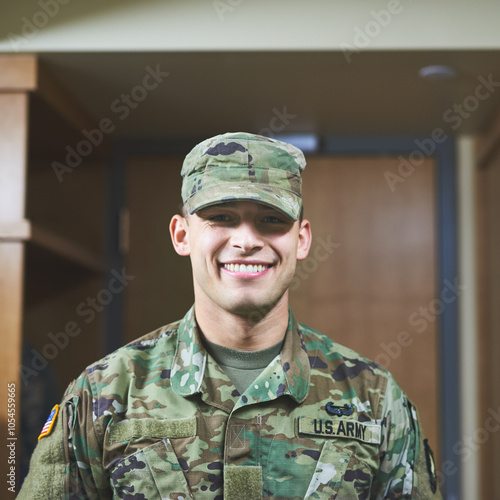 Portrait, man and solder with smile at military academy with training for service and war in USA. Male person, employee and happy or pride in confidence for protecting state as defense force photo