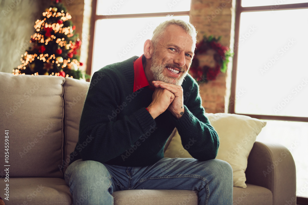 Portrait of nice aged man sit comfy sofa wear sweater new year xmas holiday flat indoors Portrait of nice aged man sit comfy sofa wear sweater new year xmas holiday flat indoors
