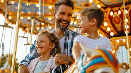 A family enjoying a day at an amusement park, riding a carousel