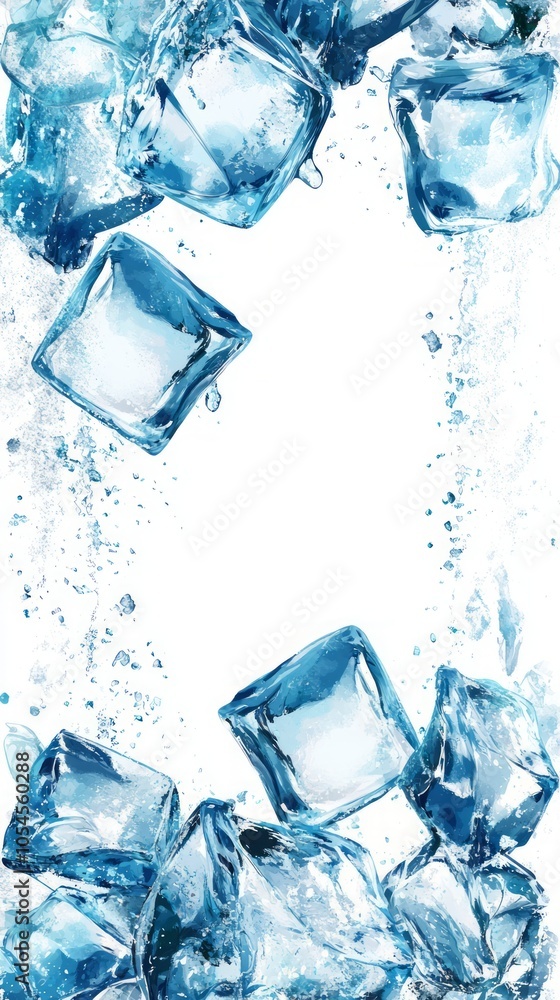 Ice Cubes Falling into Clear Water with Bubbles