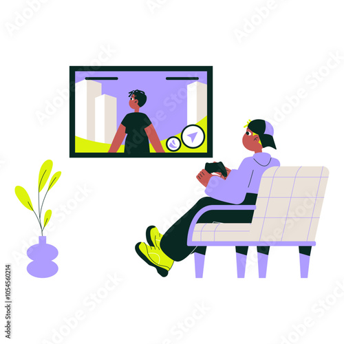 Man playing video game on TV while sitting on a sofa, controller in hand, flat vector illustration isolated on white background