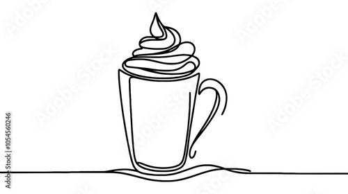 One continuous line illustration of a coffee mug with a heap of foam, isolated on white background.