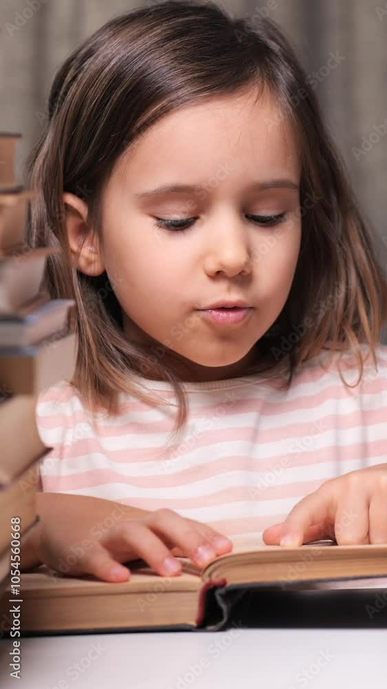 vertical video little girl reads book out loud. girl reading surrounded by books vertical video little girl reads book out loud. girl reading surrounded by books