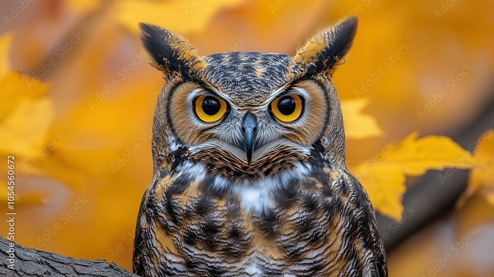 Close-up Portrait of a Great Horned Owl with Yellow Eyes Against a Background of Autumn Leaves Close-up Portrait of a Great Horned Owl with Yellow Eyes Against a Background of Autumn Leaves