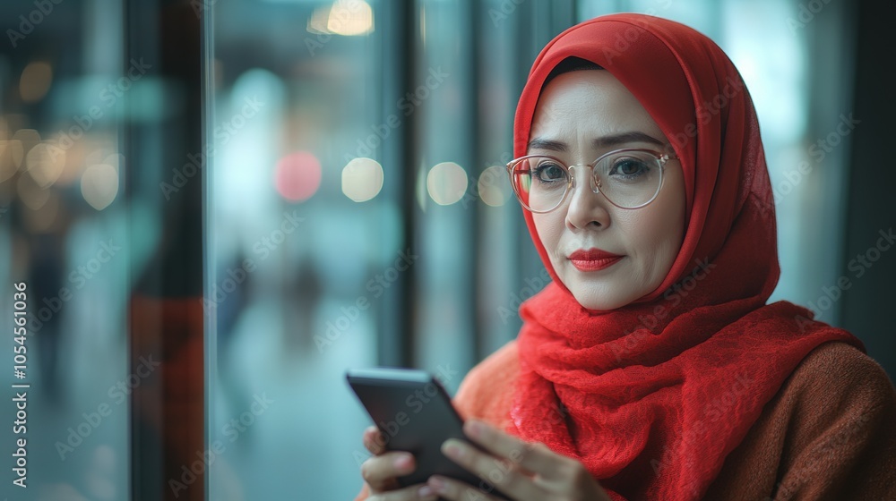 A woman in a red hijab looks at her phone with a serious expression. A woman in a red hijab looks at her phone with a serious expression.