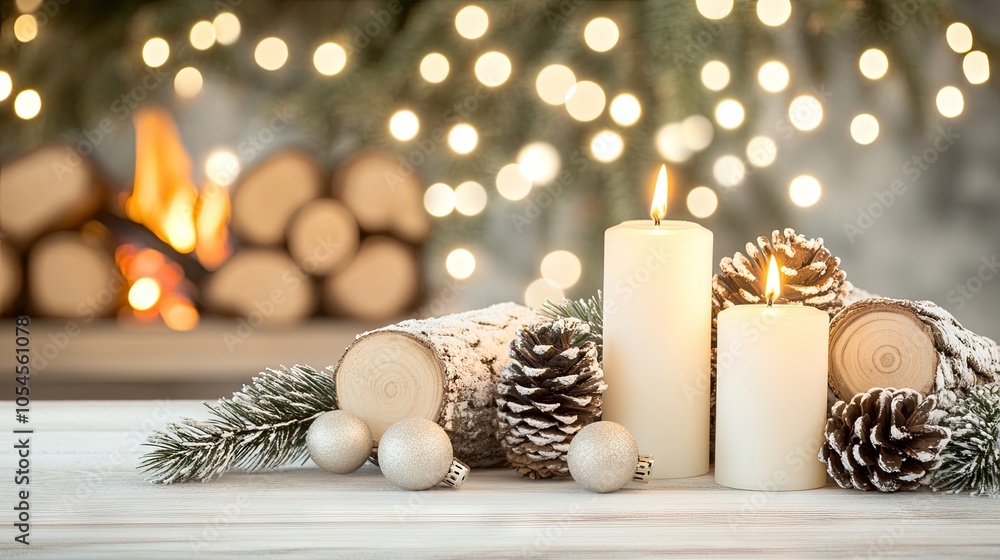 A warm ambiance is created by lit candles and frosted pinecones, complemented by a crackling fireplace and a beautifully adorned Christmas tree nearby A warm ambiance is created by lit candles and frosted pinecones, complemented by a crackling fireplace and a beautifully adorned Christmas tree nearby