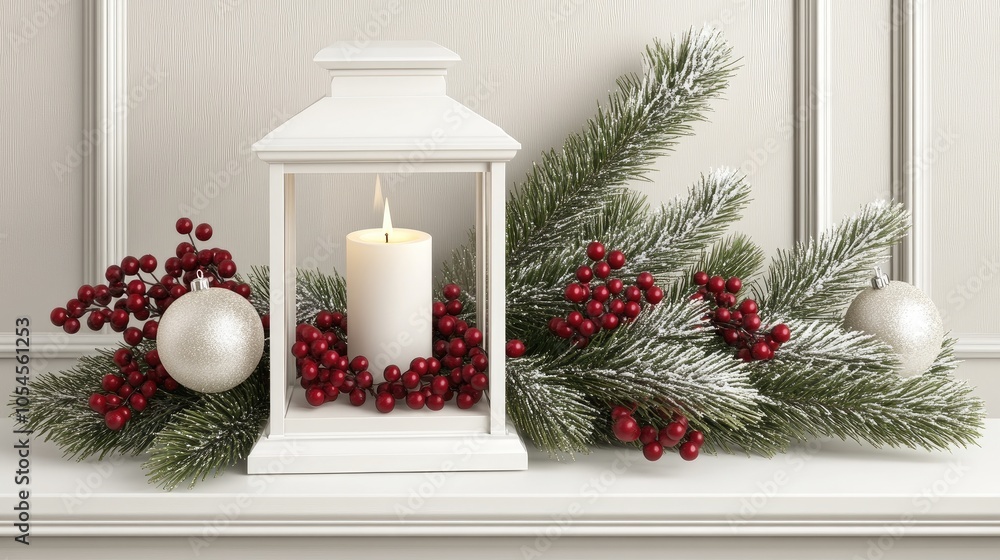 This winter lantern features a warm candlelight surrounded by snowy pine branches and vibrant red berries, creating a charming holiday atmosphere This winter lantern features a warm candlelight surrounded by snowy pine branches and vibrant red berries, creating a charming holiday atmosphere