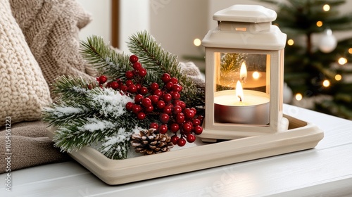 This winter lantern features a warm candlelight surrounded by snowy pine branches and vibrant red berries, creating a charming holiday atmosphere photo