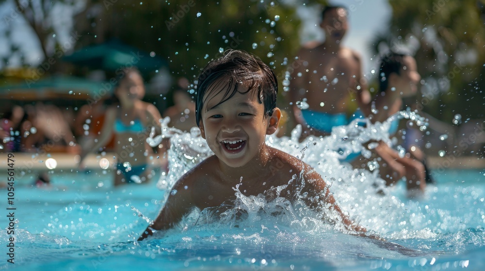 A family having a fun day at the local pool, splashing and swimming A family having a fun day at the local pool, splashing and swimming