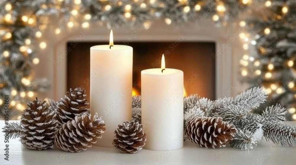 Two lit candles sit on a table surrounded by pinecones and ornaments, while a beautifully decorated Christmas tree glimmers in the background of the cozy room Two lit candles sit on a table surrounded by pinecones and ornaments, while a beautifully decorated Christmas tree glimmers in the background of the cozy room