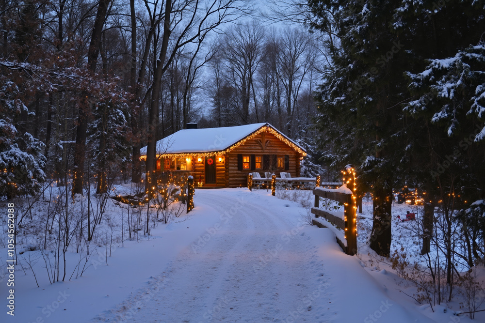 A cozy cabin in a snowy forest, lit up with Christmas lights A cozy cabin in a snowy forest, lit up with Christmas lights